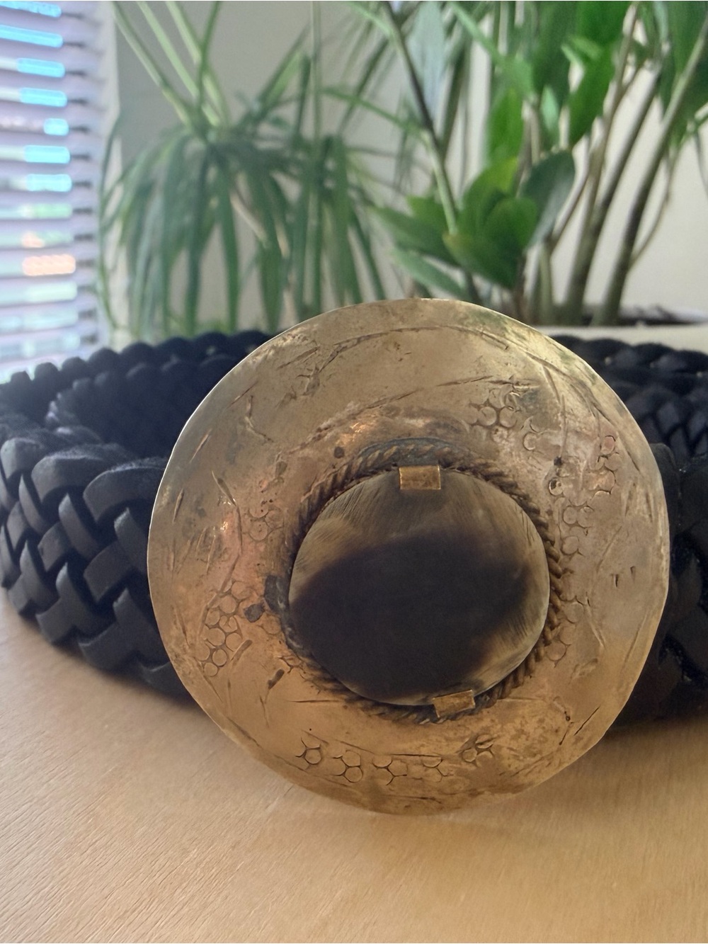 Braided Black Leather Belt with Hammered Buckle